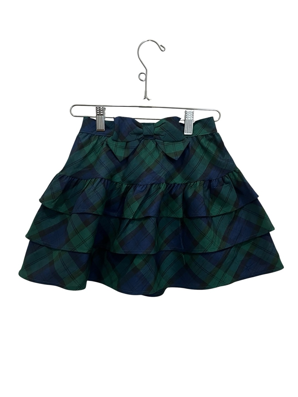 Gymboree Navy & Green Holiday Plaid Tiered Skirt with Bow Sz 8